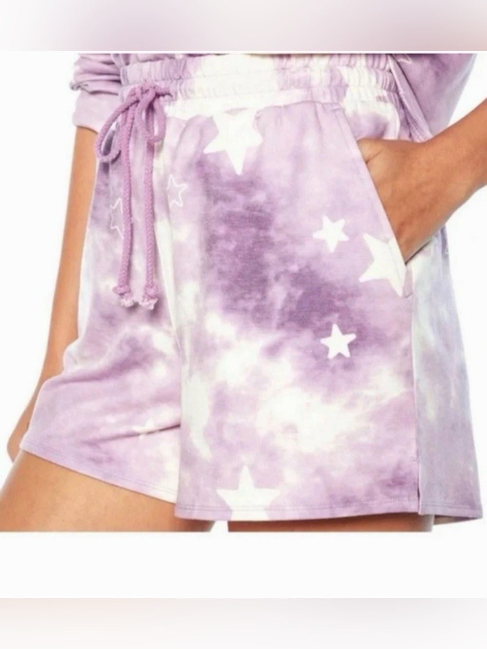 Wildfox Tie Dye Lounge Fleece Shorts Medium Purple White Stars Athleisure Casual